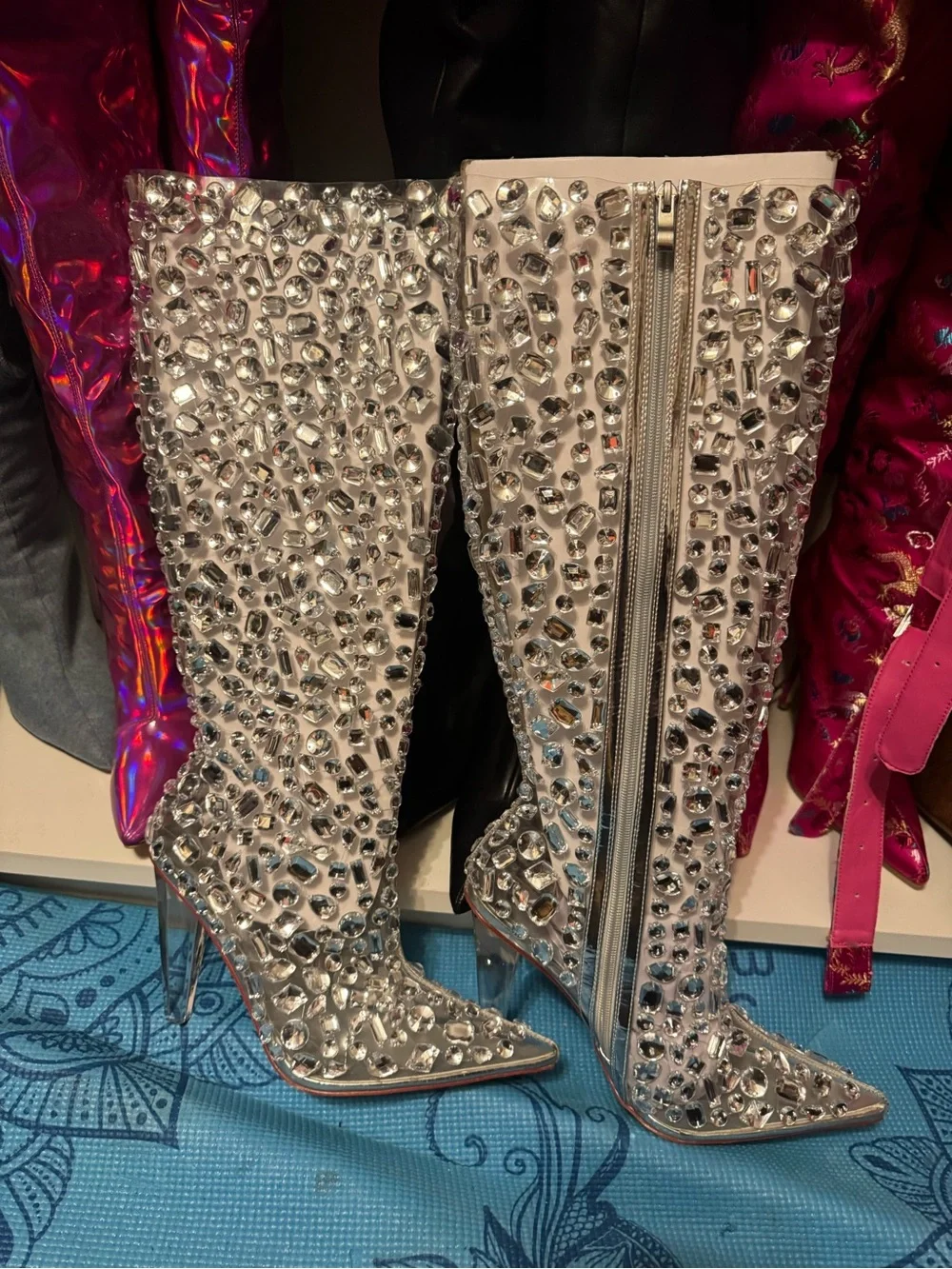 Crystal-Embellished Silver Over-the-Knee Stiletto Boots